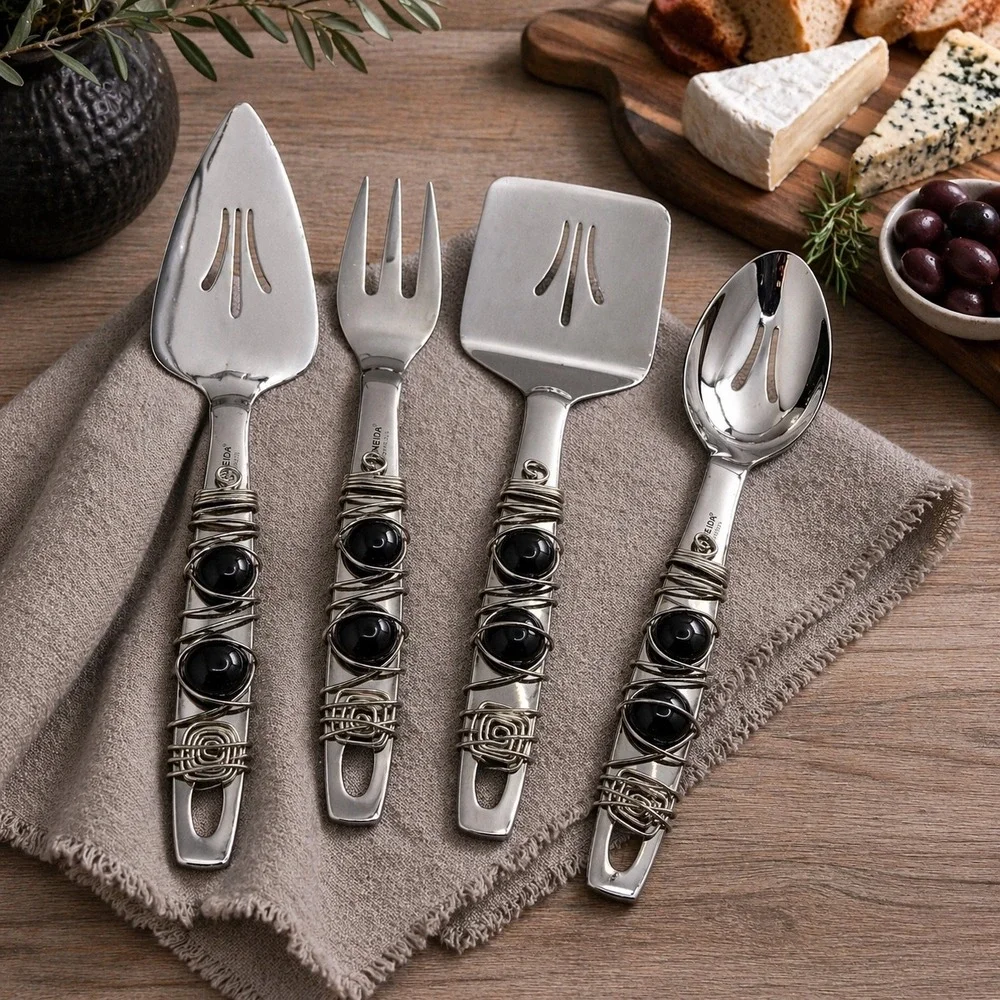 Oneida Stainless Serving Set 4pc Wire Wrapped Black Bead‎ Artisan Buffet Servers
